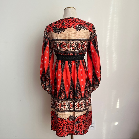 Manoush Inca D Silk Scarf Print and Crochet Dress with Billowy Sleeves Size 38 - Picture 6 of 7